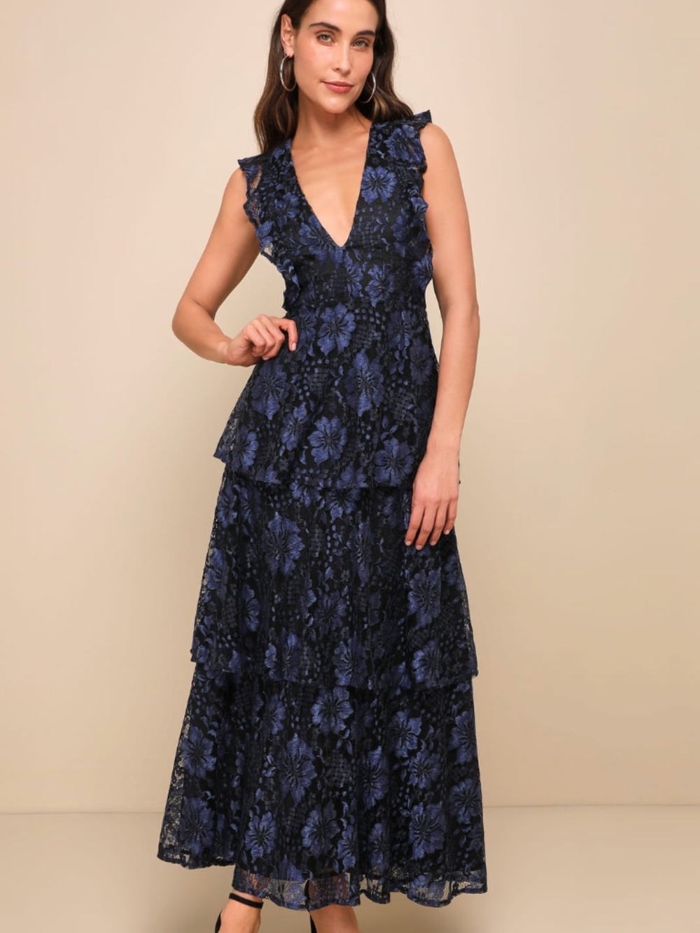 Molinetto Navy Blue Lace Ruffled Tiered Sleeveless Maxi Dress